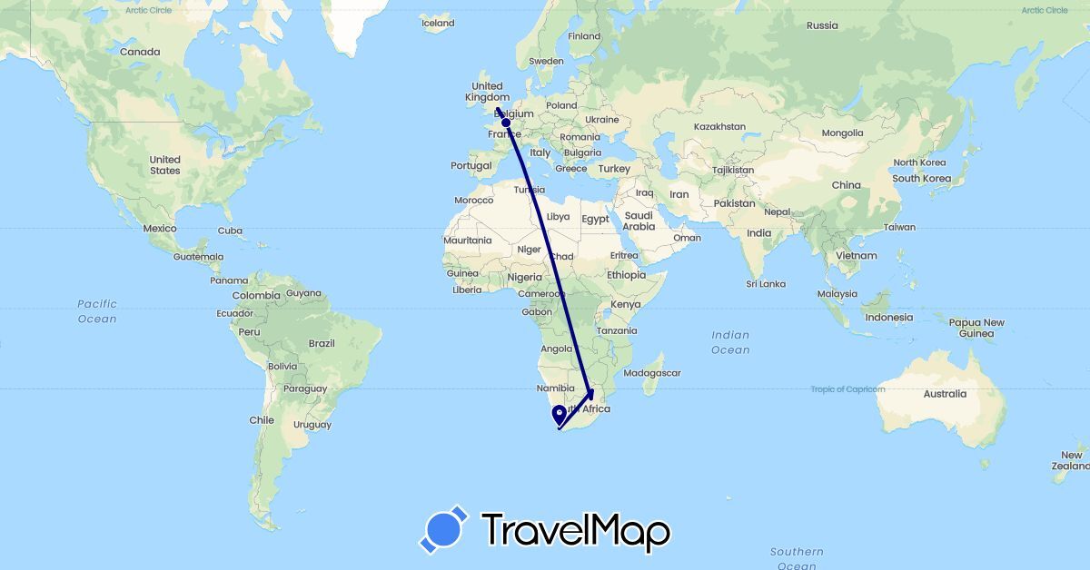 TravelMap itinerary: driving in France, United Kingdom, South Africa (Africa, Europe)